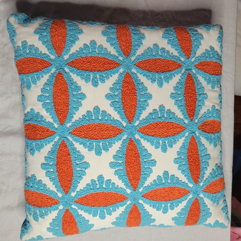 Pier 1 Imports Blue Orange Tufted Geometric Medallion Throw Pillow 16x16 Square